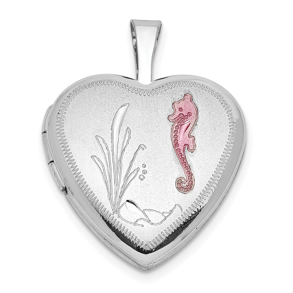 Sterling Silver RH-plat Epoxy Satin Polished Sea Horse 16mm Heart Locket