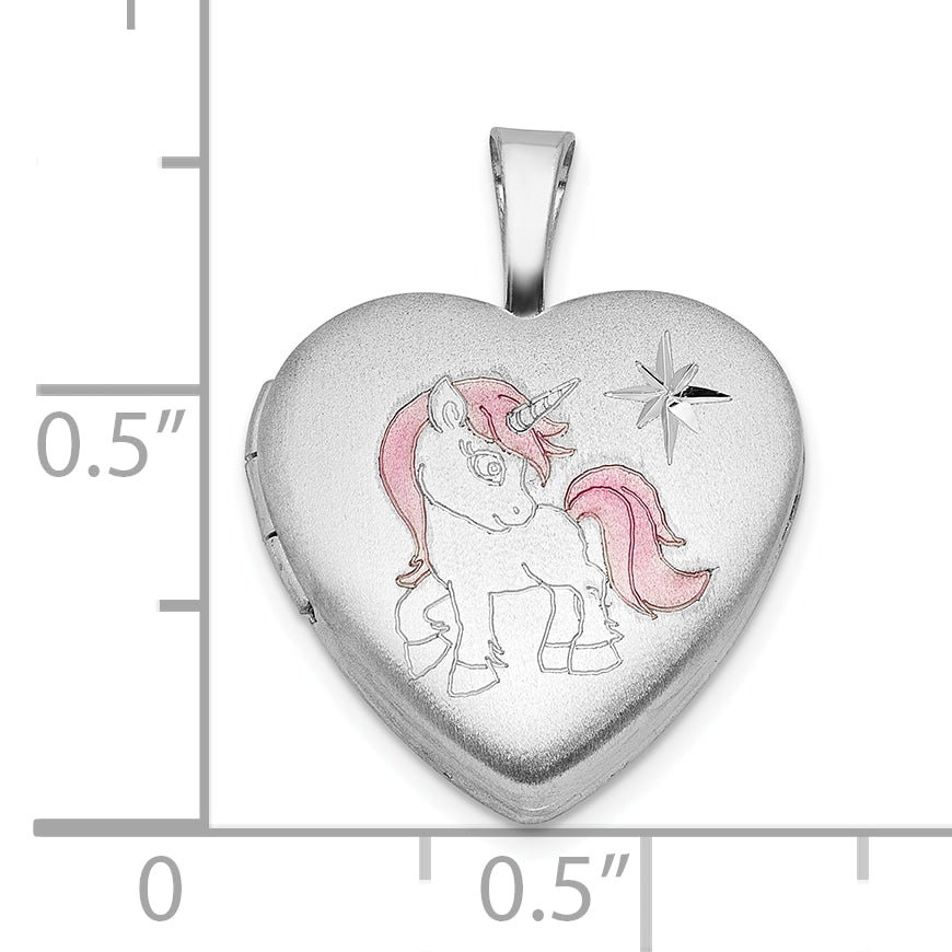 Sterling Silver RH-plated Epoxy Satin Polished Unicorn 16mm Heart Locket