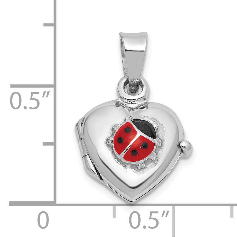 Sterling Silver Rh-plated Enamel 11mm Ladybug Heart Locket Pendant