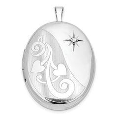 Sterling Silver RH-plated .05ct Diamond Heart Design 26mm Oval Locket