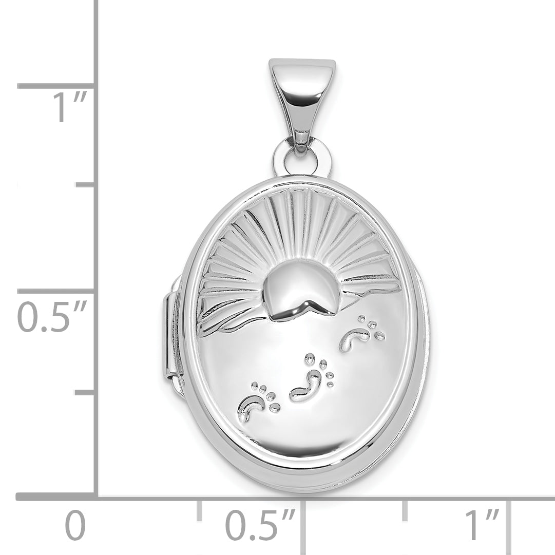 Sterling Silver Rhod-Plated 19x15mm Foot Prints Reversible Oval Locket