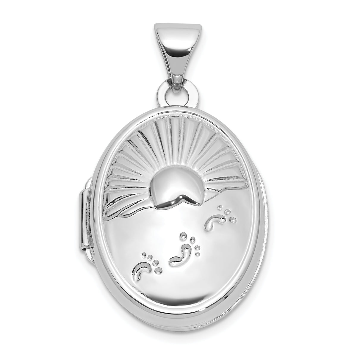 Sterling Silver Rhod-Plated 19x15mm Foot Prints Reversible Oval Locket