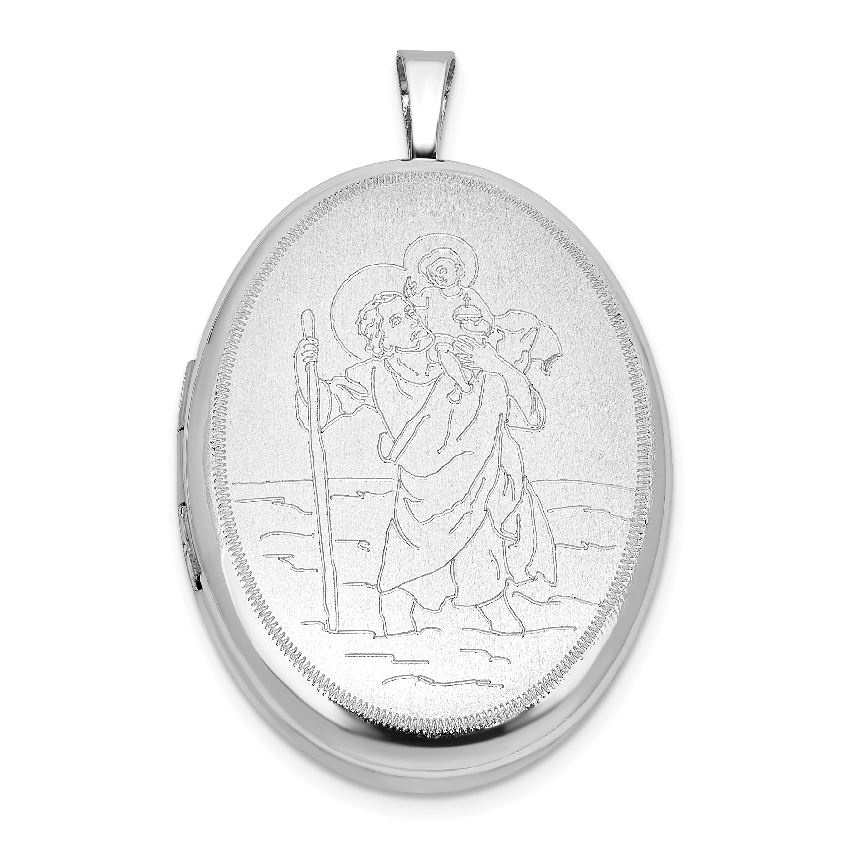 Sterling Silver RH-plated Satin/Polished St. Christopher 26mm Oval Locket