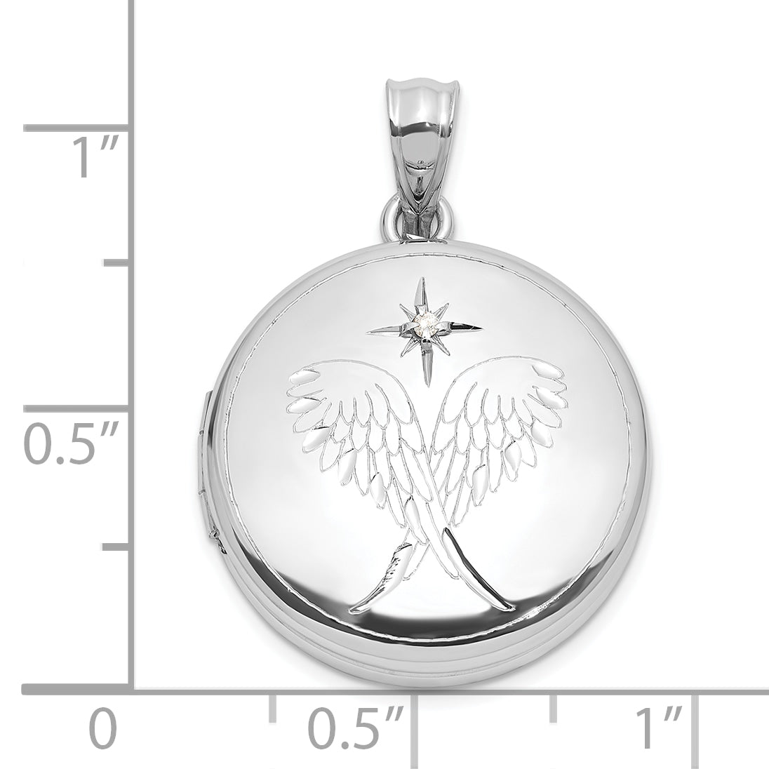 Sterling Silver Rh-plated Diamond Star 20mm Angel Wings Round Locket