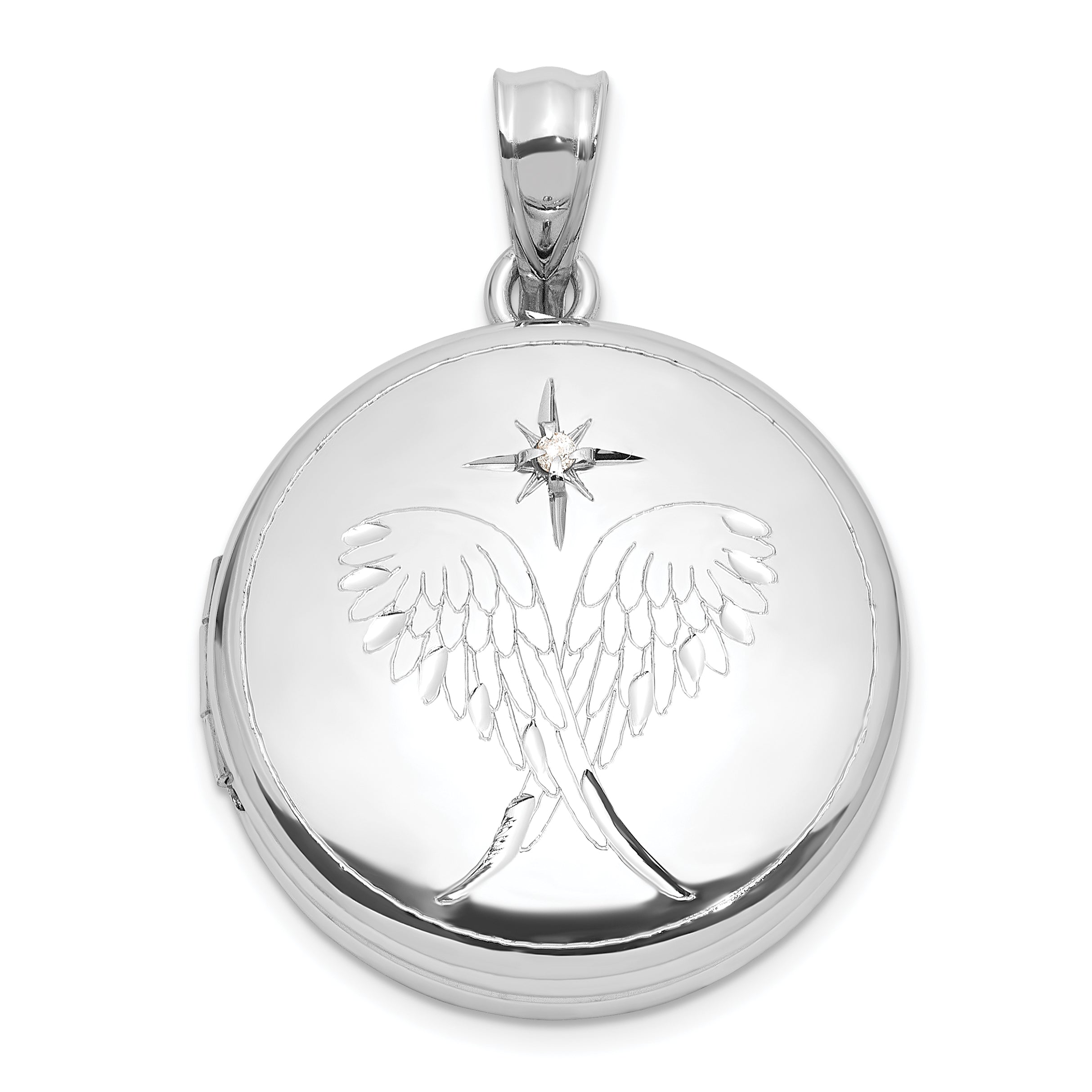 Sterling Silver Rh-plated Diamond Star 20mm Angel Wings Round Locket