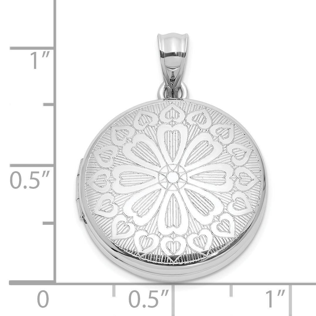 Sterling Silver Rhodium-plated 20mm Floral Heart Filigree Round Locket