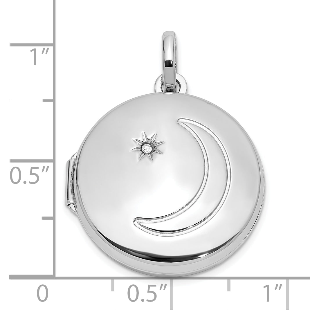 Sterling Silver Rhodium-plated 20mm Diamond Moon/Star Round Locket