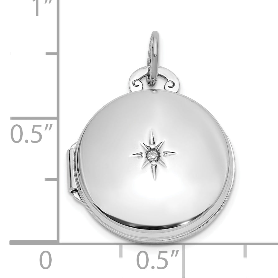 Sterling Silver Rhodium-plated Polished Diamond 16mm Round Locket