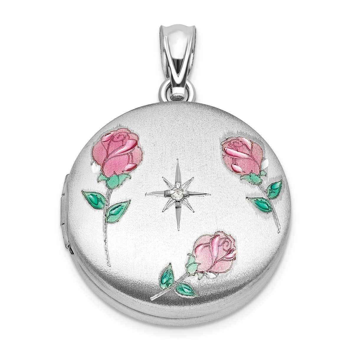 Sterling Silver RH-plated .05ct Diamond Epoxy Roses 20mm Round Locket