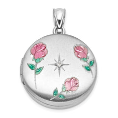 Sterling Silver RH-plated .05ct Diamond Epoxy Roses 20mm Round Locket