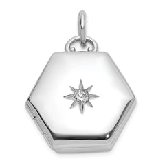 Sterling Silver Rhodium-plated Polished CZ Star 16mm Hexagon Locket