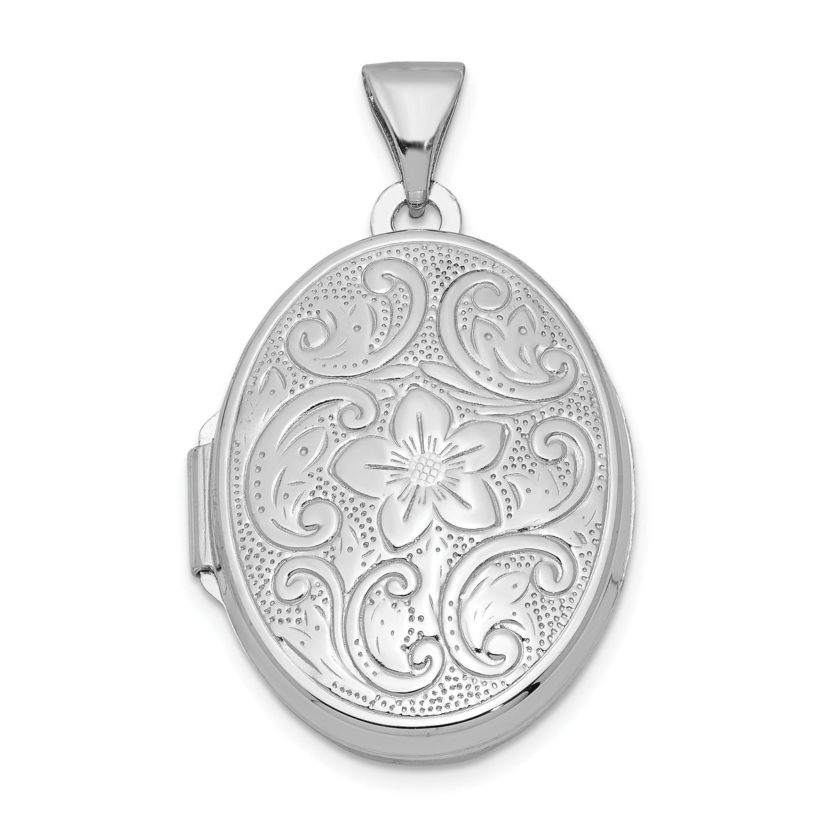 Sterling Silver Rhodium-plated Oval Floral Locket