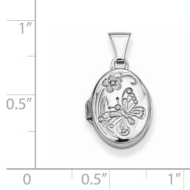 Sterling Silver Rhodium-plated Floral Butterfly Oval Locket