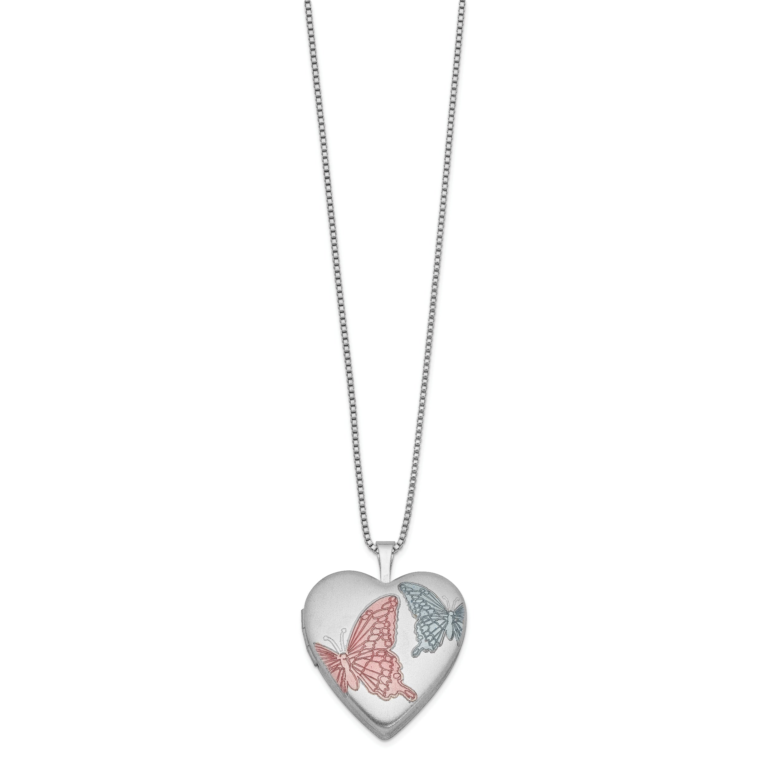 Sterling Silver RH-plated 20mm Enamel Butterflies Heart Locket Necklace