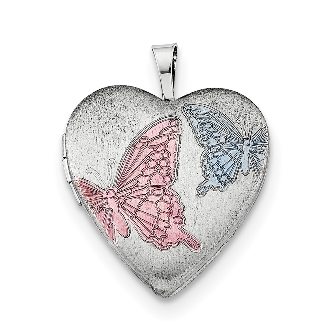 Sterling Silver RH-plated 20mm Enamel Butterflies Heart Locket Necklace