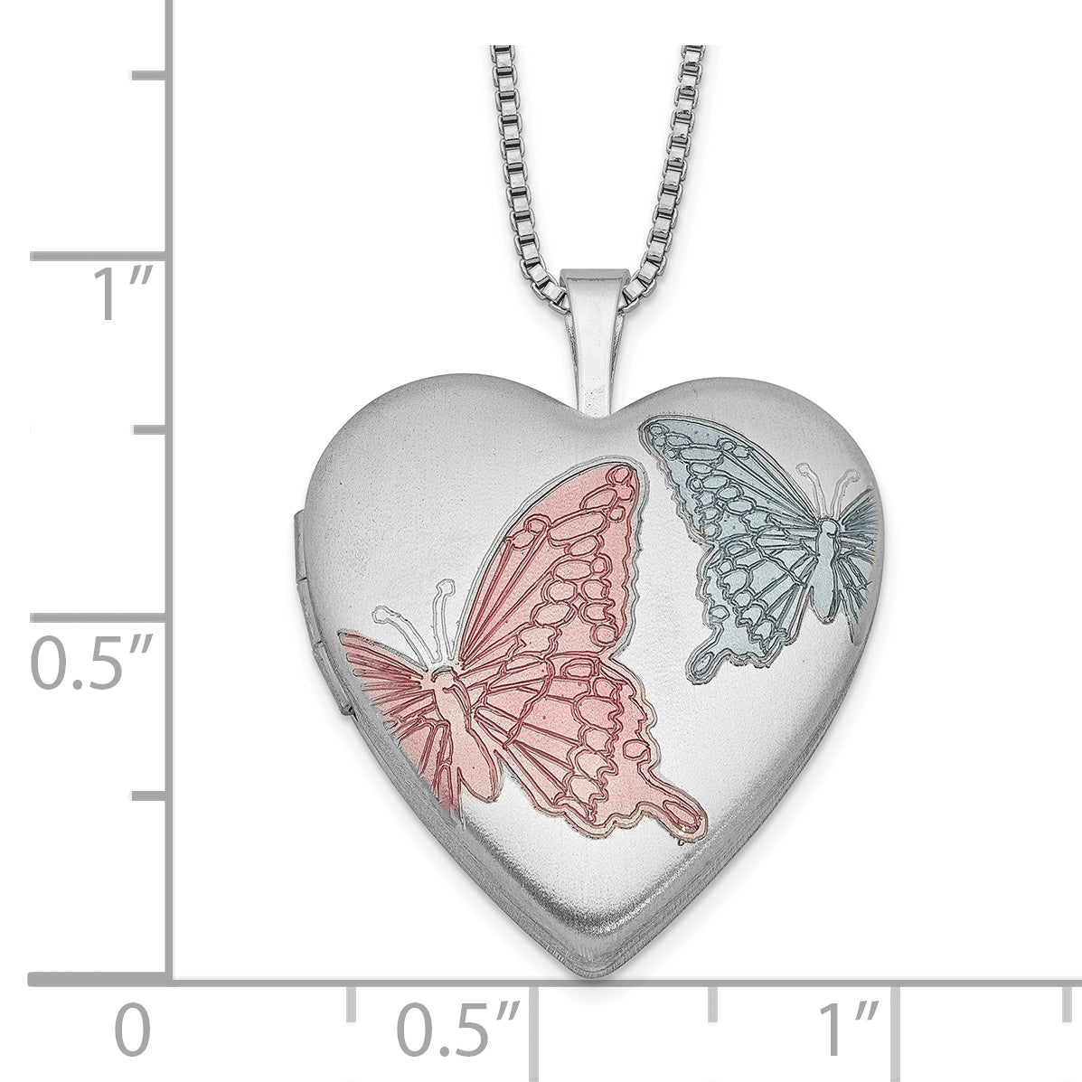 Sterling Silver RH-plated 20mm Enamel Butterflies Heart Locket Necklace