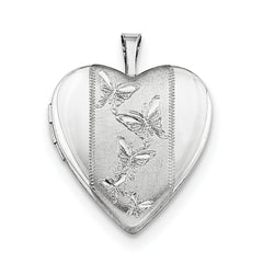 Sterling Silver Rhodium-plated 20mm Butterflies Heart Locket Necklace