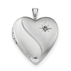 Sterling Silver Rhodium-plated 20mm Satin Diamond Heart Locket Necklace