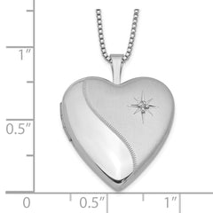 Sterling Silver Rhodium-plated 20mm Satin Diamond Heart Locket Necklace