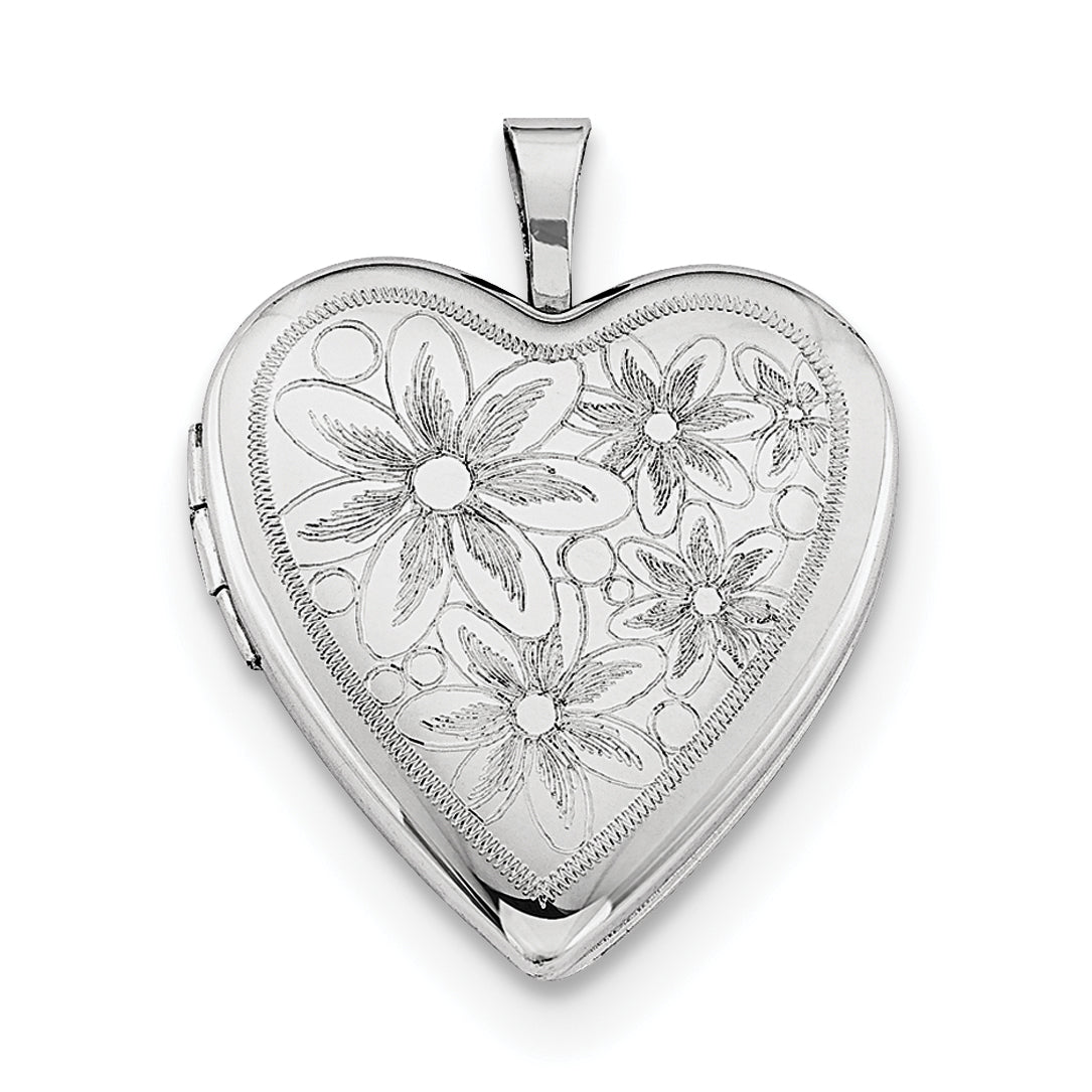 Sterling Silver Rhodium-plated 20mm with Daisies Heart Locket Necklace