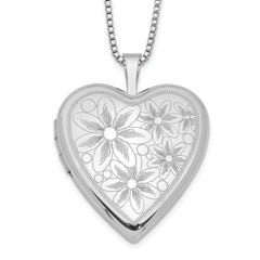 Sterling Silver Rhodium-plated 20mm with Daisies Heart Locket Necklace