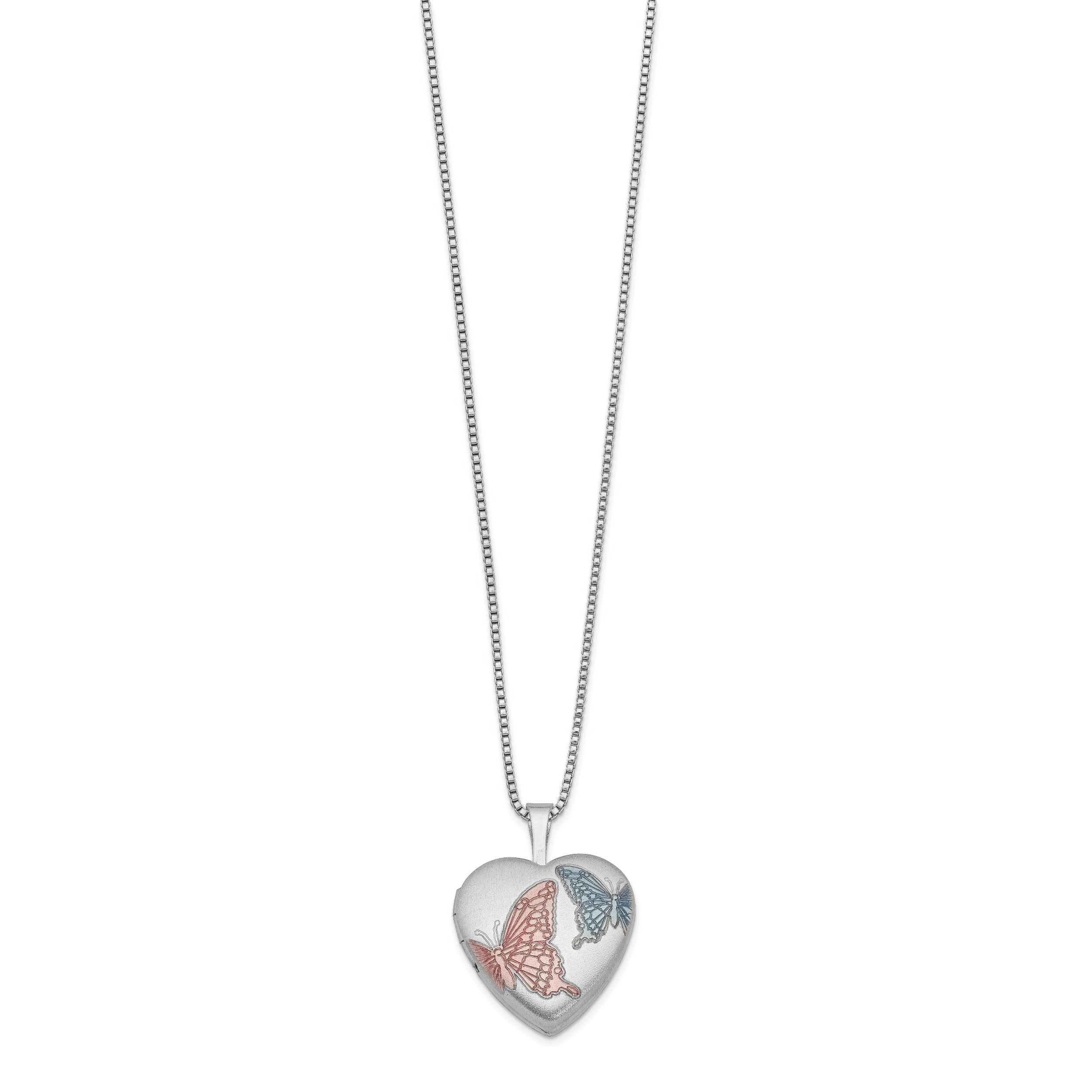 Sterling Silver RH-plated 16mm Satin Enamel Butterfly Heart Locket Necklace