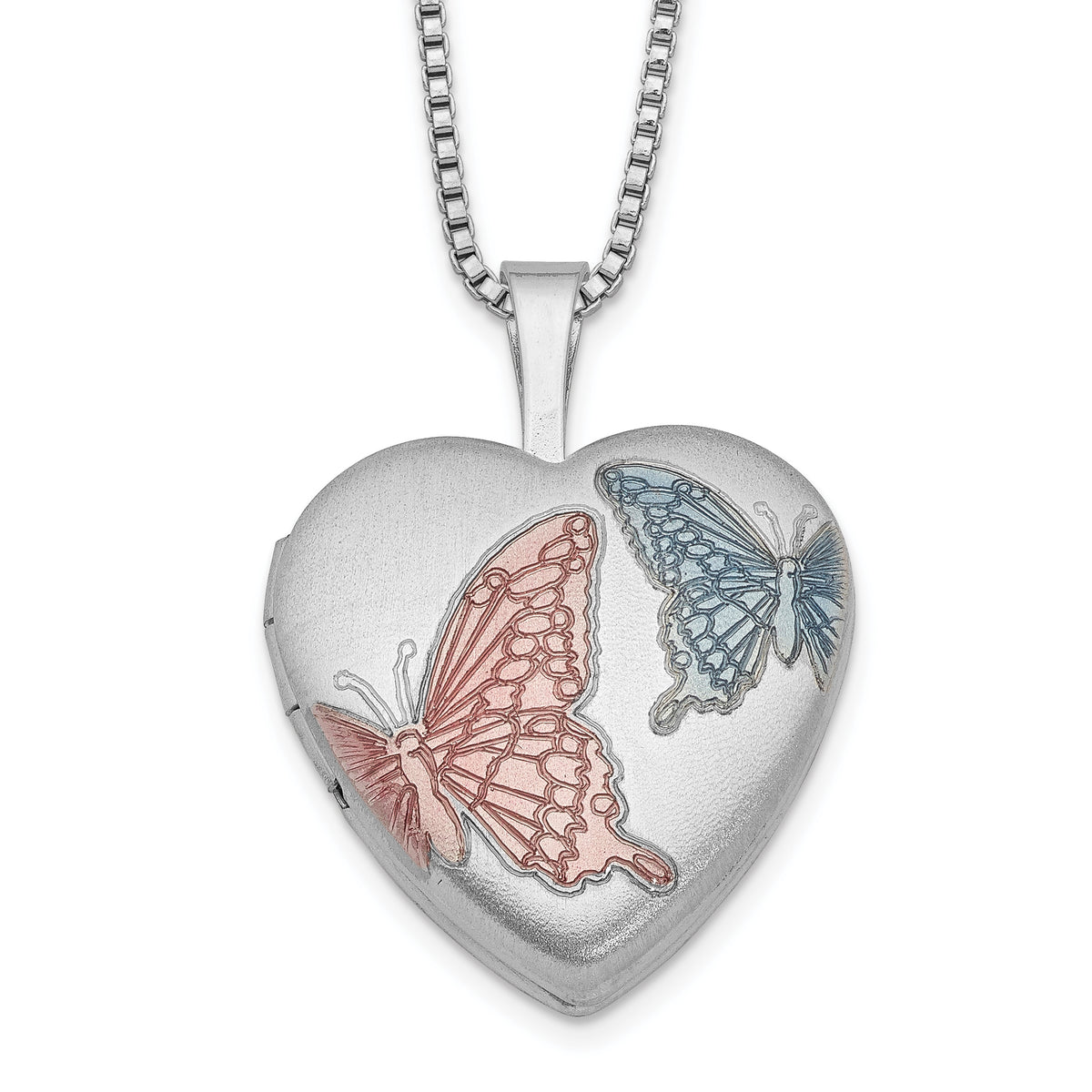 Sterling Silver RH-plated 16mm Satin Enamel Butterfly Heart Locket Necklace