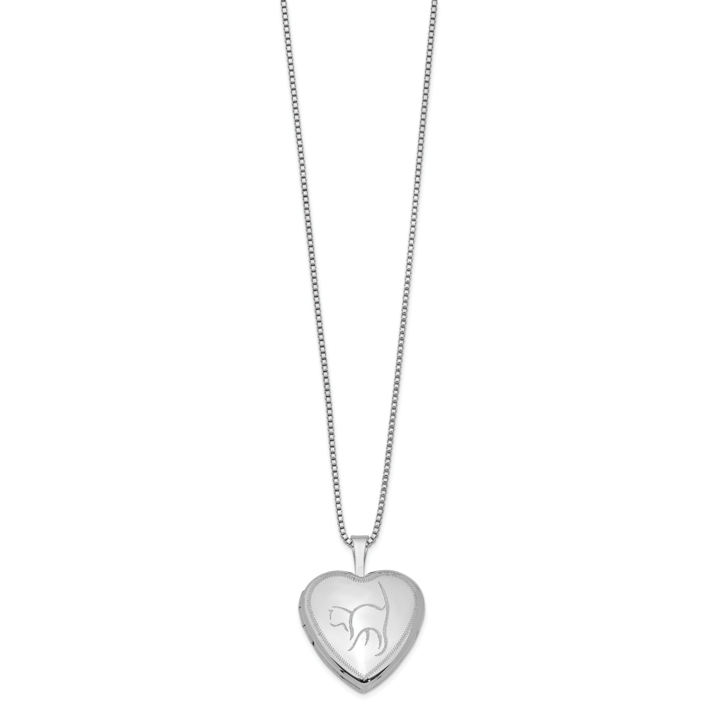 Sterling Silver Rhodium-plated 16mm Cat Heart Locket Necklace