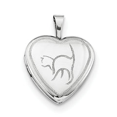 Sterling Silver Rhodium-plated 16mm Cat Heart Locket Necklace