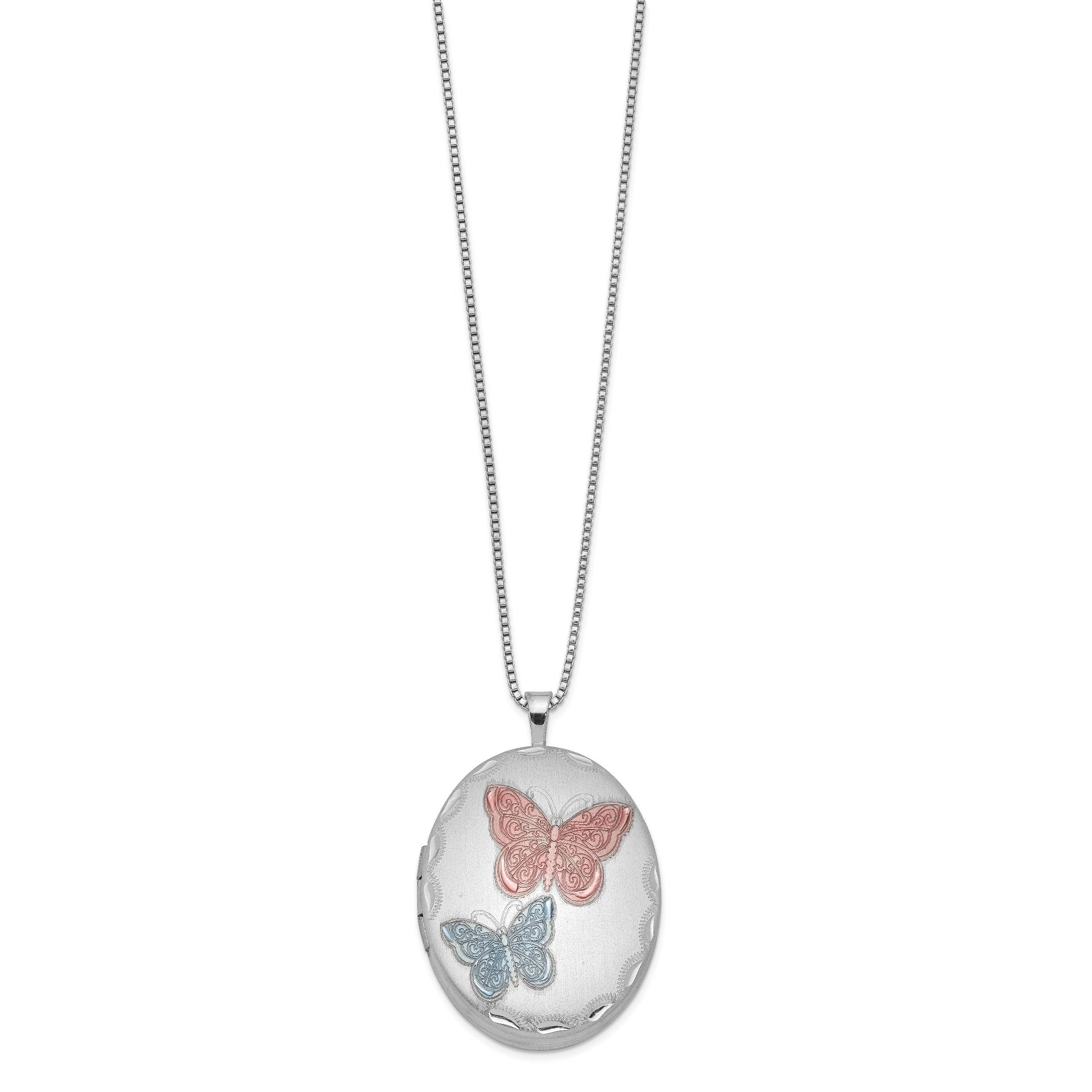 Sterling Silver RH-plated 26mm Enameled Butterfly Oval Locket Necklace