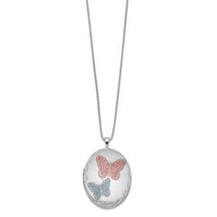 Sterling Silver RH-plated 26mm Enameled Butterfly Oval Locket Necklace