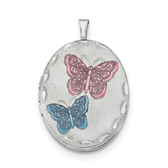 Sterling Silver RH-plated 26mm Enameled Butterfly Oval Locket Necklace