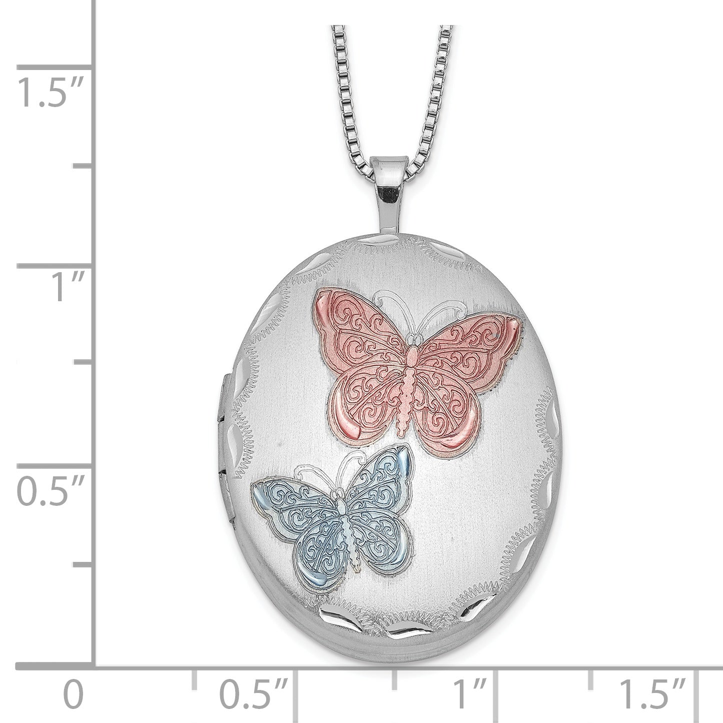 Sterling Silver RH-plated 26mm Enameled Butterfly Oval Locket Necklace