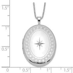 Sterling Silver Rhod-plated 26mm Circle Border Diamond Oval Locket Necklace