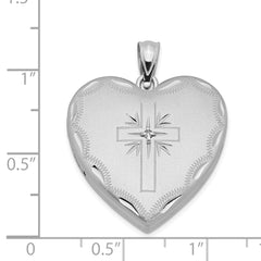 Sterling Silver RH-plated 24mm Satin & Diamond Cut  With  Diamond Cross Heart Locket