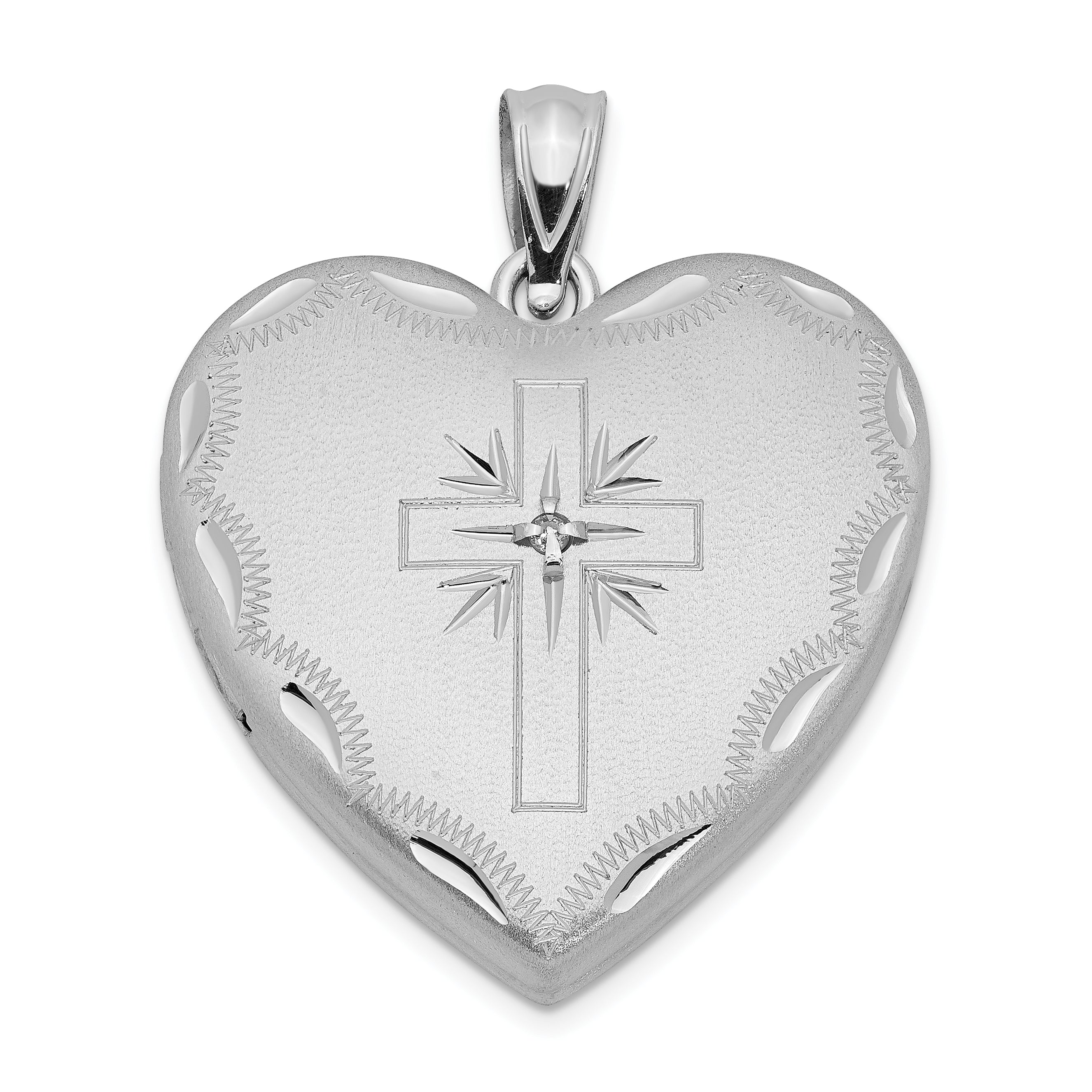 Sterling Silver RH-plated 24mm Satin & D/C w/ Diamond Cross Heart Locket