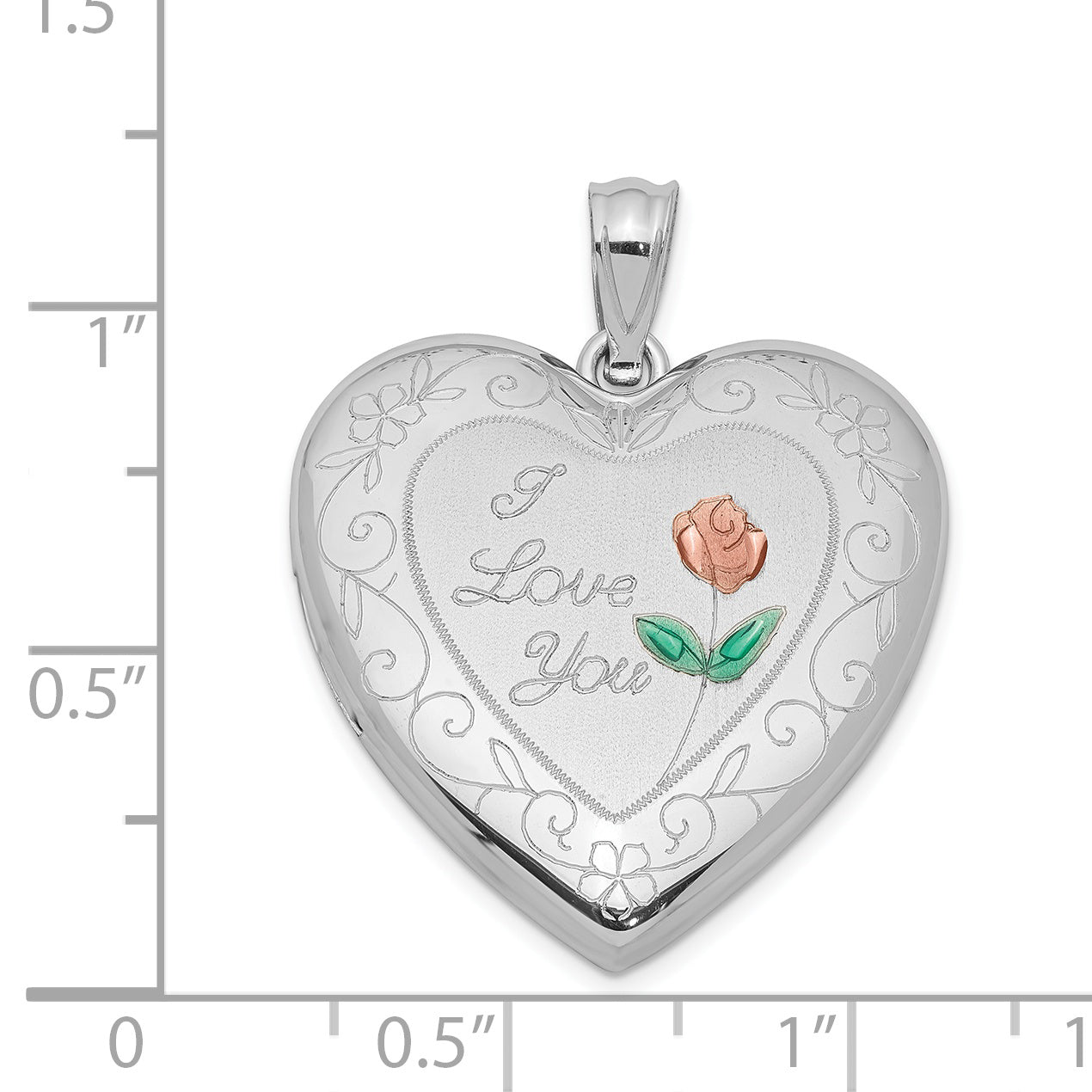 Sterling Silver Rhodium-plated 24mm Enameled Rose with Border Heart Locket