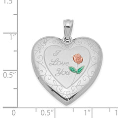 Sterling Silver Rhodium-plated 24mm Enameled Rose with Border Heart Locket