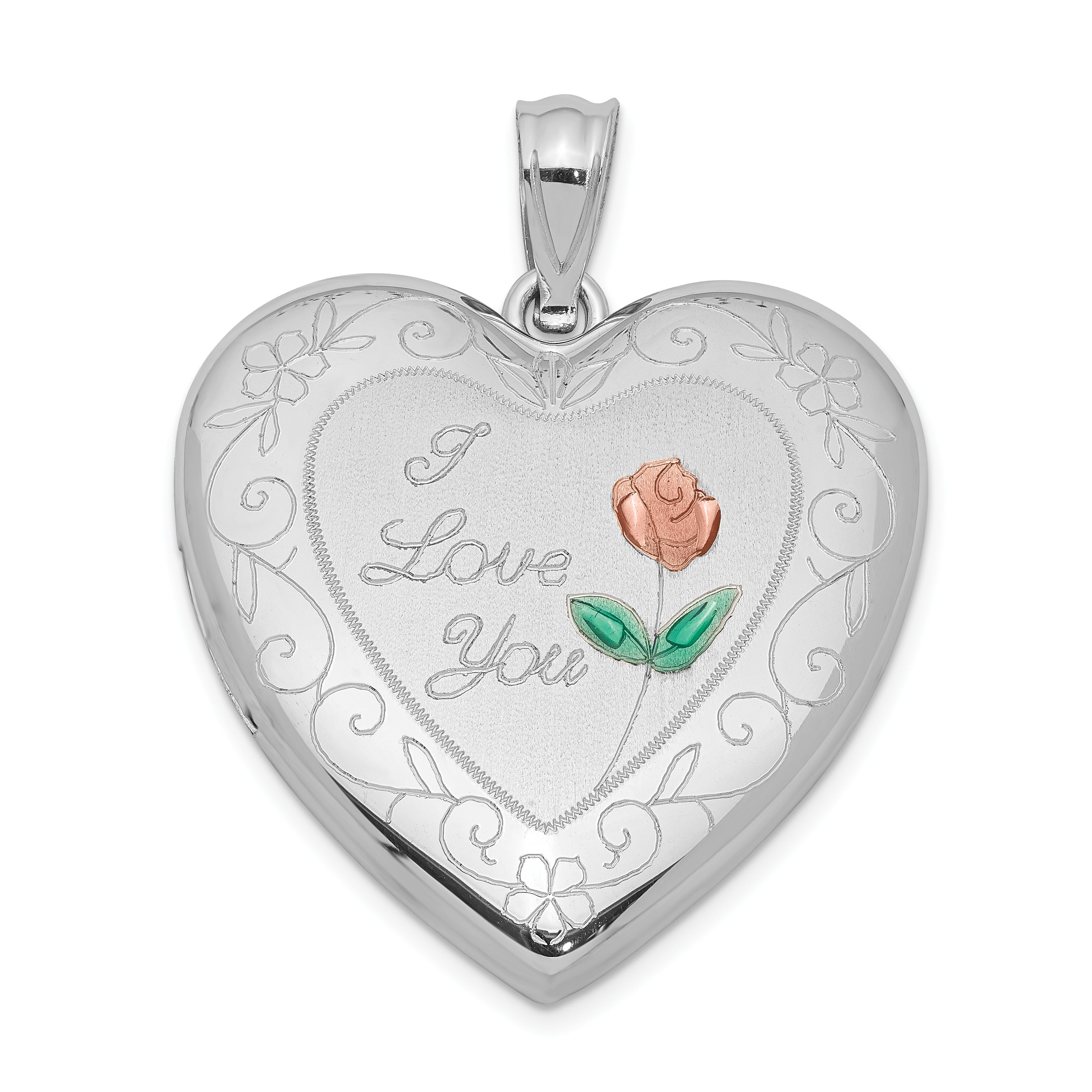 Sterling Silver Rhodium-plated 24mm Enameled Rose with Border Heart Locket