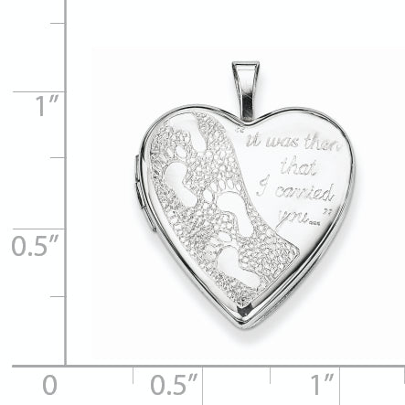 Sterling Silver Rhodium-plated 20mm Footprints Heart Locket