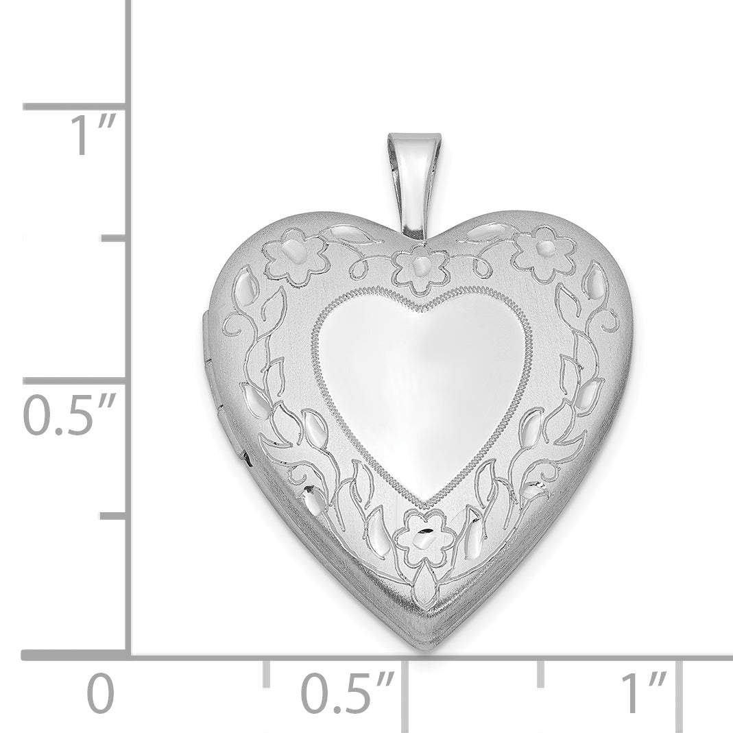 Sterling Silver Rhodium-plated 20mm Floral Border Heart Locket