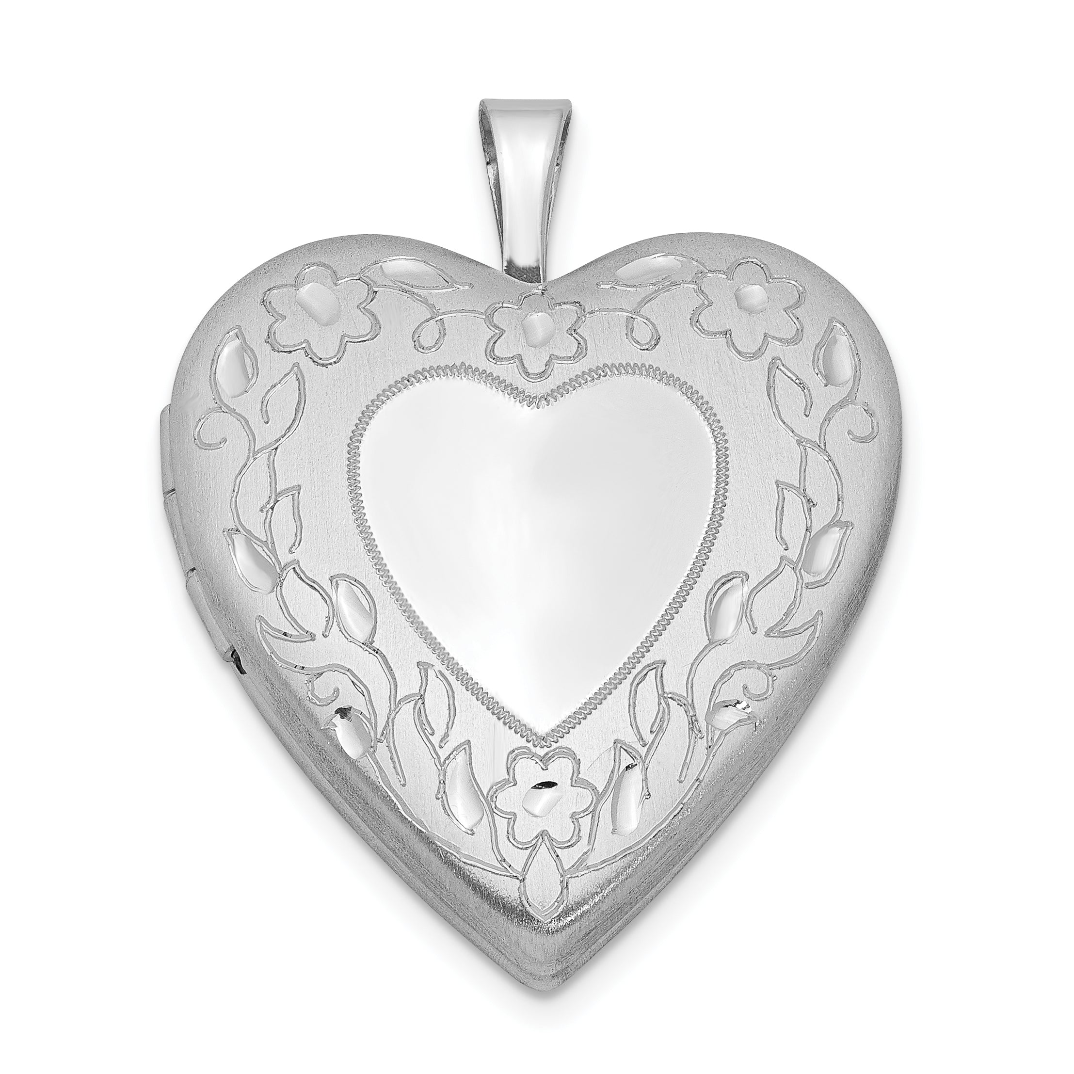 Sterling Silver Rhodium-plated 20mm Floral Border Heart Locket