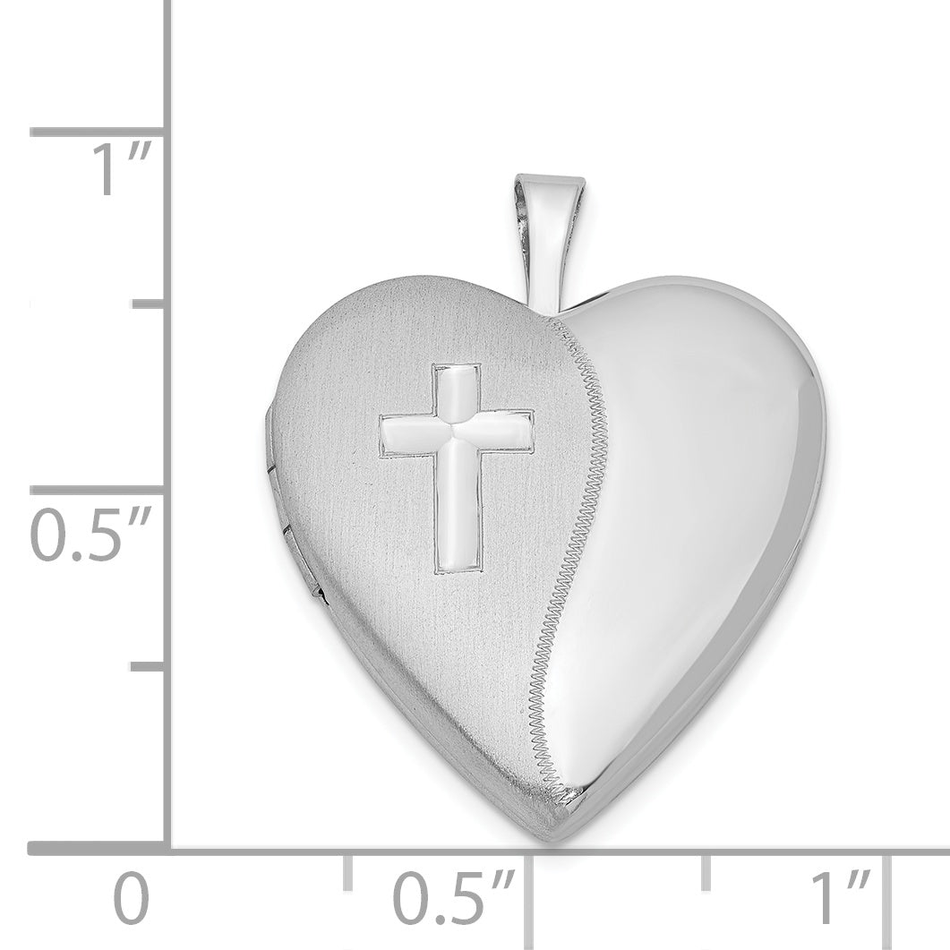 Sterling Silver Rhodium-plated 20mm Satin/Polished Cross Heart Locket