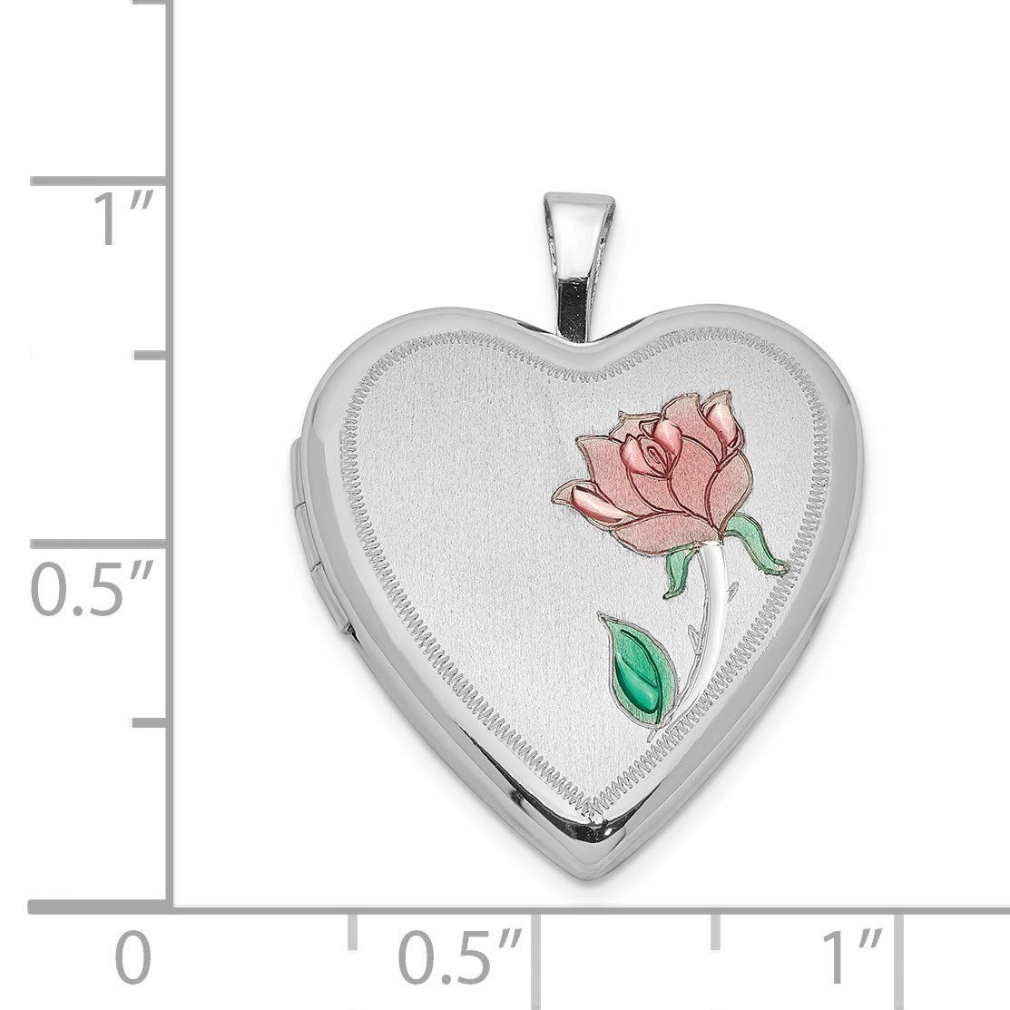 Sterling Silver Rhodium-plated Satin 20mm Enameled Rose Heart Locket