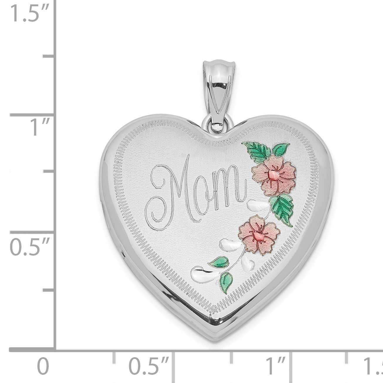 Sterling Silver Rhodium-plated 24mm Enameled Floral Mom Heart Locket