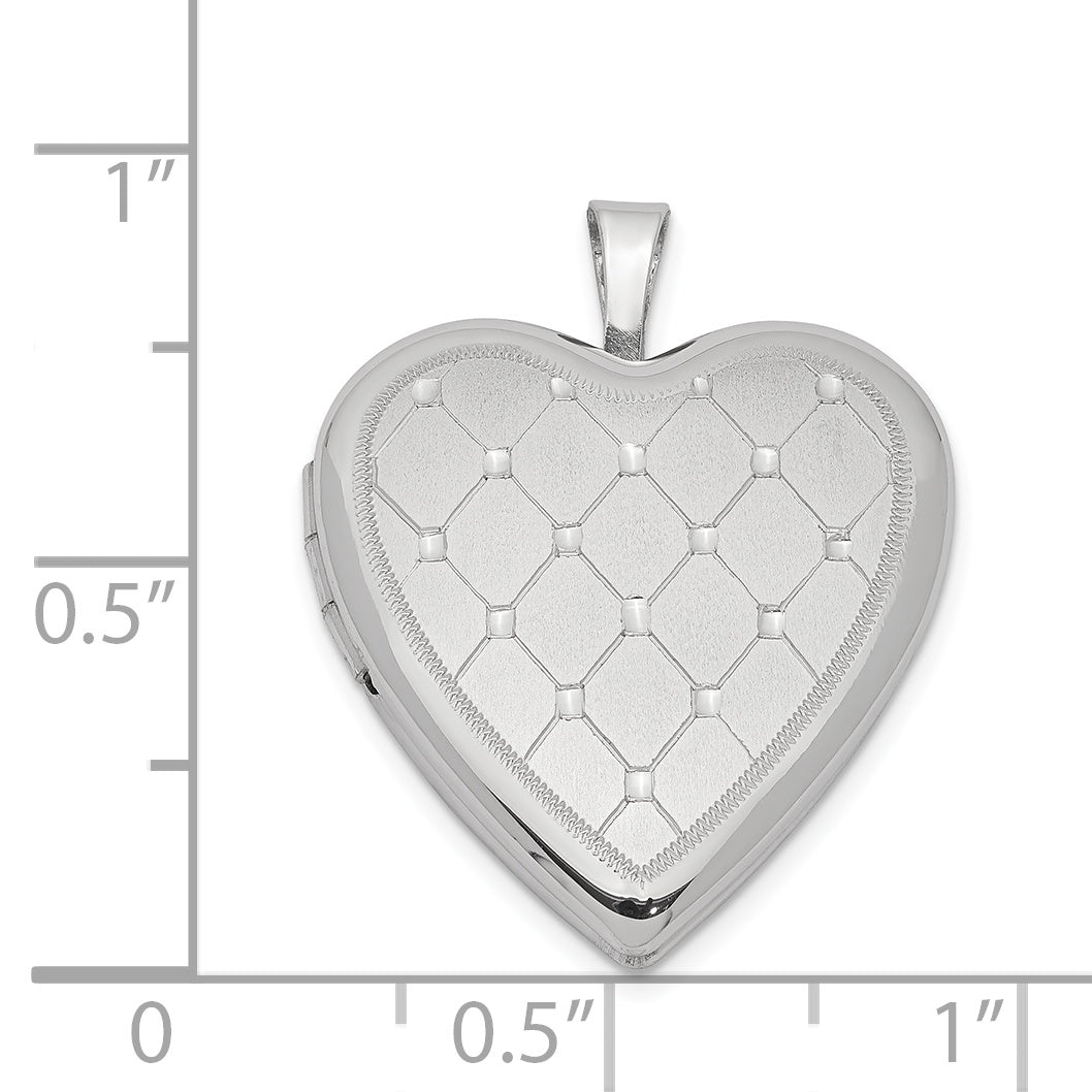 Sterling Silver Rhodium-plated 20mm Quilt Design Heart Locket