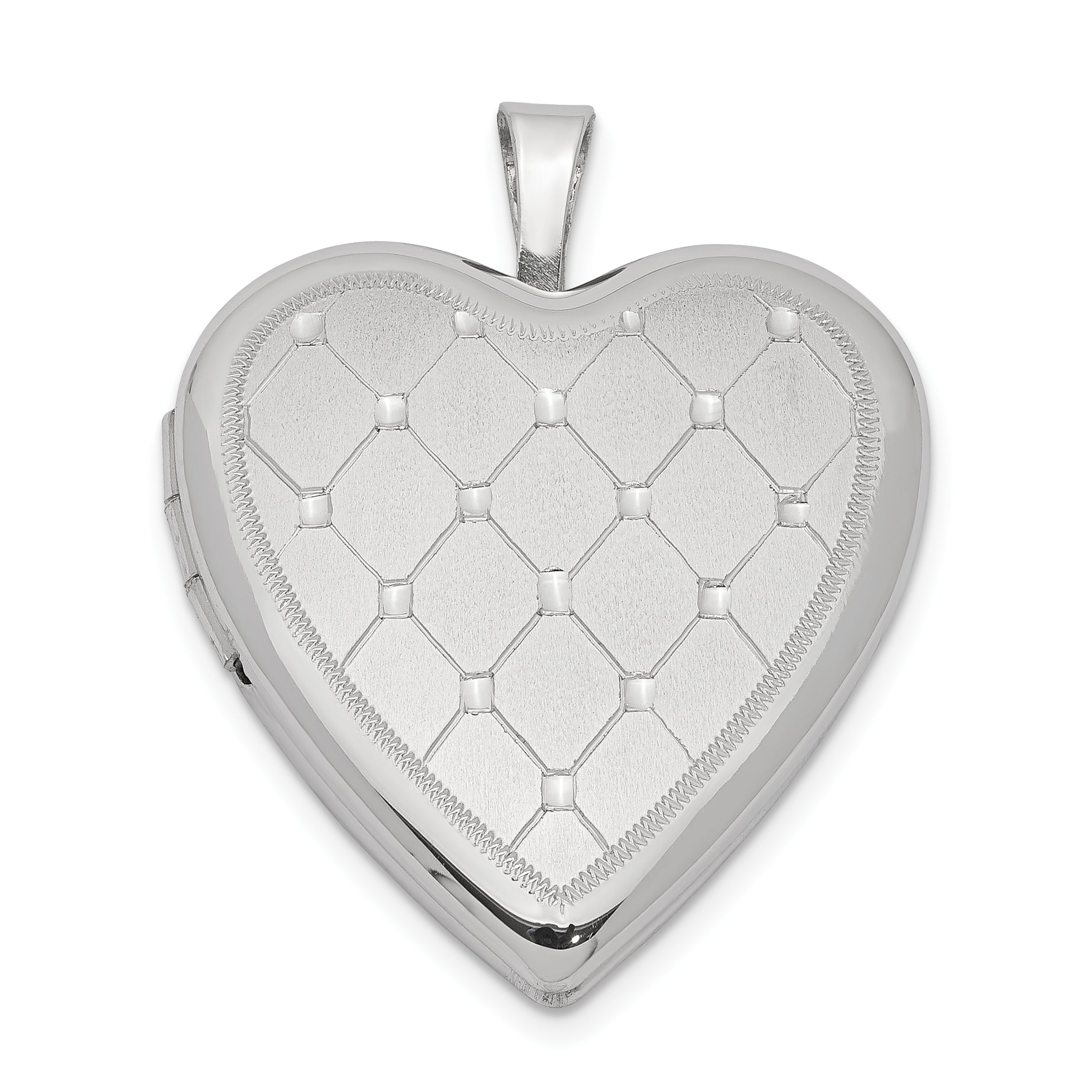 Sterling Silver Rhodium-plated 20mm Quilt Design Heart Locket