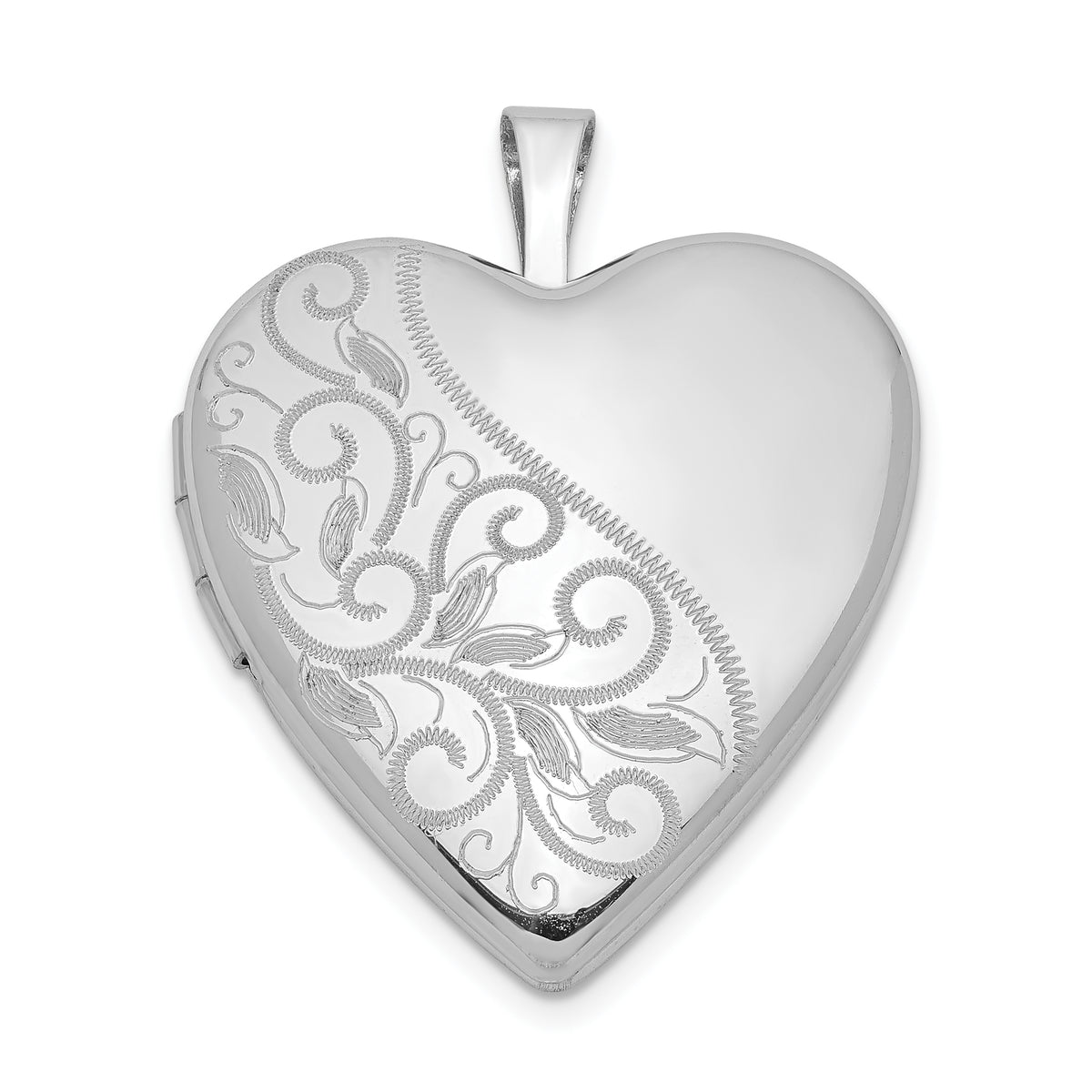 Sterling Silver Rhodium-plated 20mm Swirl & Polished Heart Locket