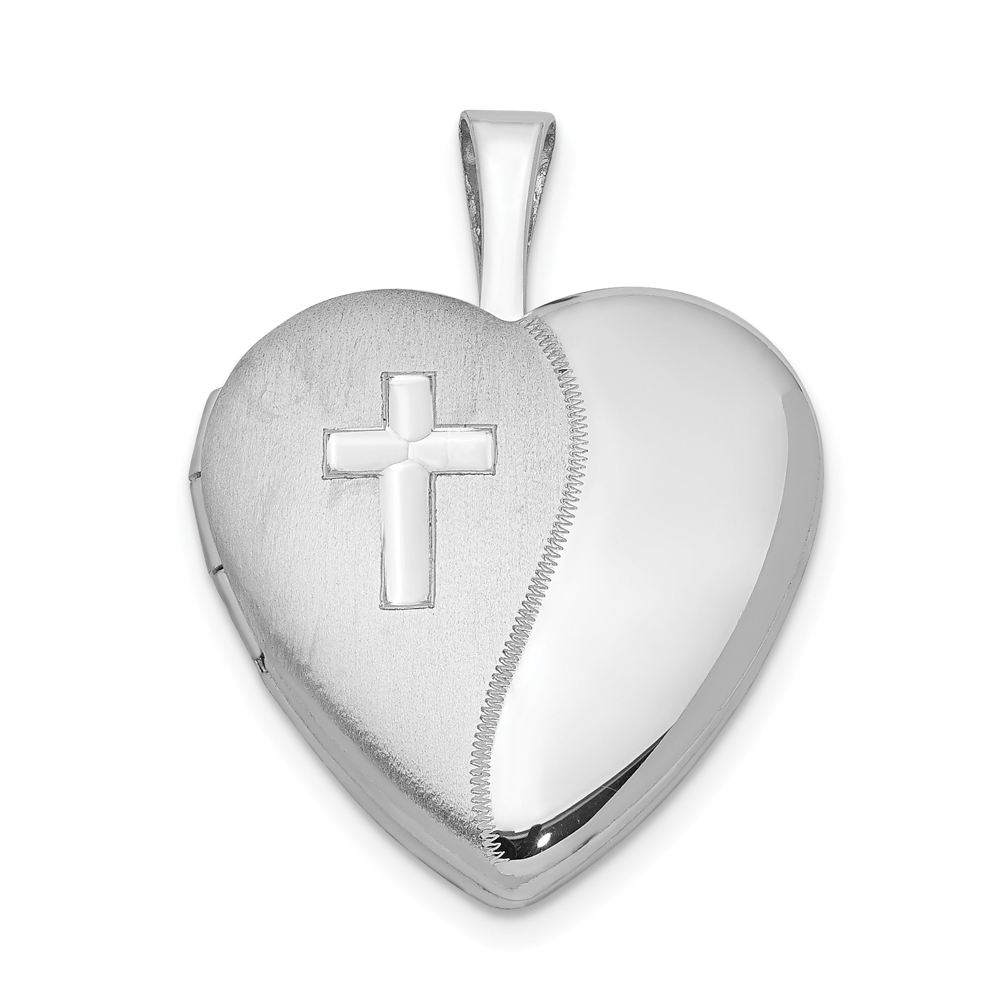 Sterling Silver Rhodium-plated 16mm Polished & Satin Cross Heart Locket