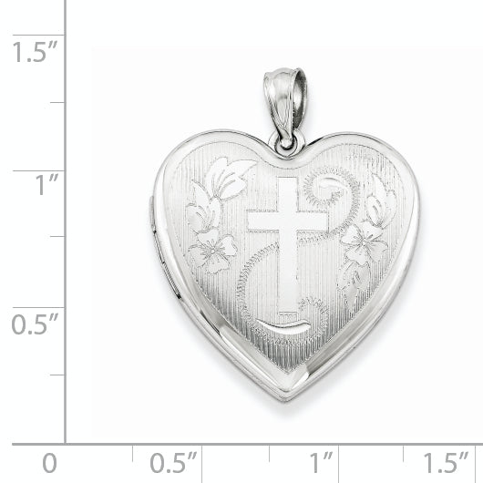 Sterling Silver Rhodium-plated 24mm Diamond Cut  Cross Heart Locket